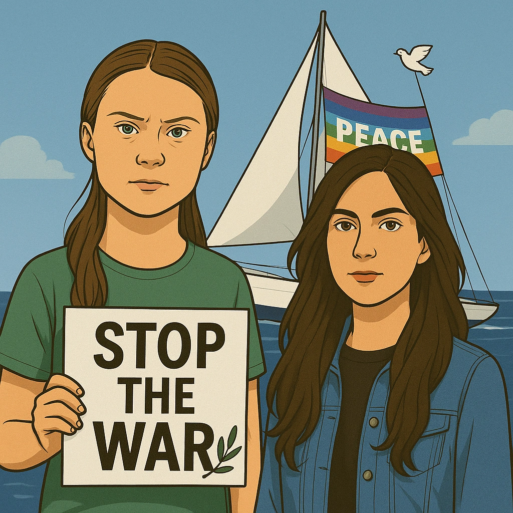 Greta Thunberg et Rima Hassan devant le voilier humanitaire Madleen en route vers Gaza