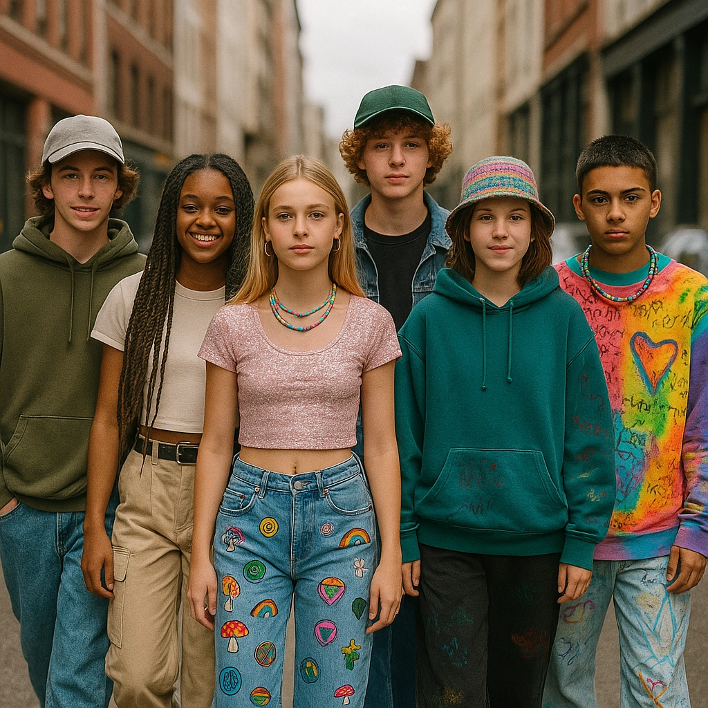 ix adolescents aux styles variés illustrant les tendances mode ado 2025, avec vêtements DIY, patchs colorés et colliers fantaisie.